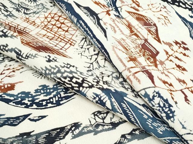 平和屋着物▽上質な小紋　単衣　型染め　風景文　正絹　逸品　CABF7768th