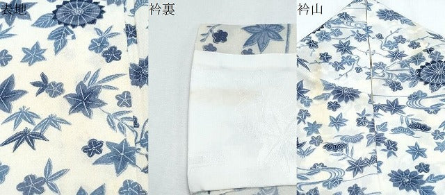 平和屋着物▽上質な小紋　単衣　藍　型染め　草花文　鬼しぼ縮緬　正絹　逸品　CABF7770th