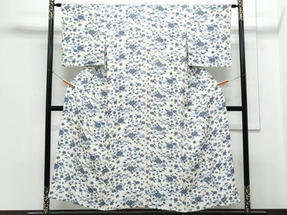 平和屋着物▽上質な小紋　単衣　藍　型染め　草花文　鬼しぼ縮緬　正絹　逸品　CABF7770th