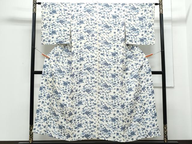平和屋着物▽上質な小紋　単衣　藍　型染め　草花文　鬼しぼ縮緬　正絹　逸品　CABF7770th