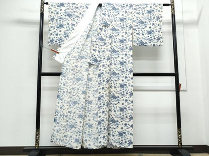 平和屋着物▽上質な小紋　単衣　藍　型染め　草花文　鬼しぼ縮緬　正絹　逸品　CABF7770th
