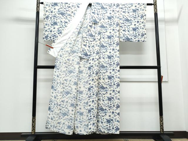 平和屋着物▽上質な小紋　単衣　藍　型染め　草花文　鬼しぼ縮緬　正絹　逸品　CABF7770th