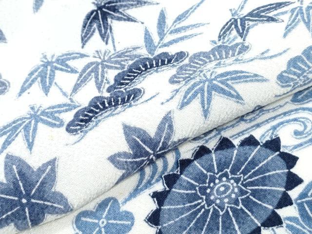 平和屋着物▽上質な小紋　単衣　藍　型染め　草花文　鬼しぼ縮緬　正絹　逸品　CABF7770th