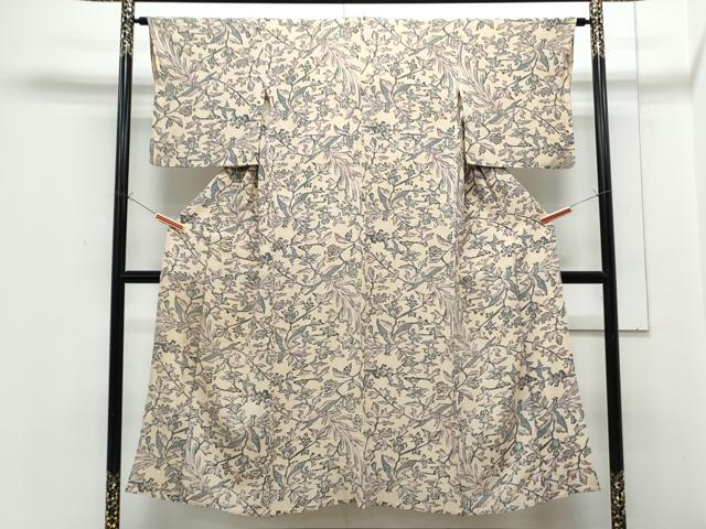 平和屋着物▽上質な小紋　単衣　型染め　花鳥文　正絹　逸品　CABF7774th