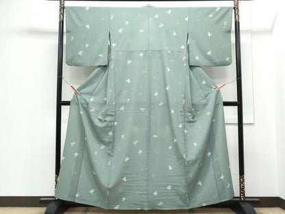 平和屋着物▽上質な小紋　単衣　型染め　草花文　正絹　逸品　CABF7775th