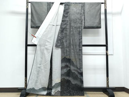 平和屋着物▽訪問着　無双　紗袷　紗×紗　遠山文　黒地　金銀彩　正絹　逸品　CABF7779th
