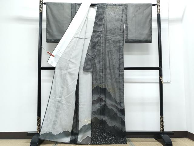 平和屋着物▽訪問着　無双　紗袷　紗×紗　遠山文　黒地　金銀彩　正絹　逸品　CABF7779th