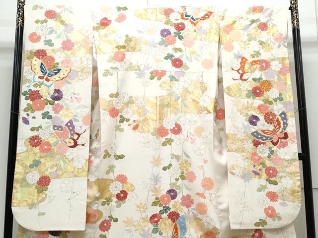 平和屋着物●創業460年・千總　豪華振袖　花蝶文　銀通し地　高島屋扱い　正絹　逸品　CABF7791th