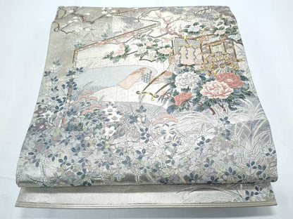 平和屋着物◎六通柄袋帯 唐織 風景花文 金銀糸 正絹 逸品 CABF7801th