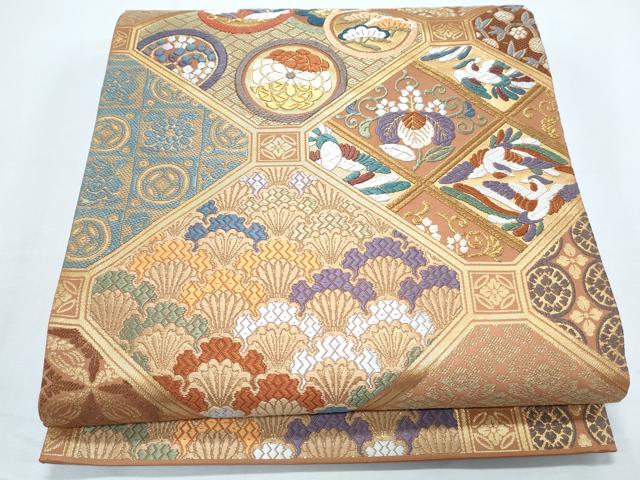 平和屋着物◎六通柄袋帯 唐織 作家物 天井向かい鳥花蝶文 金糸 正絹 逸品 CABF7804th