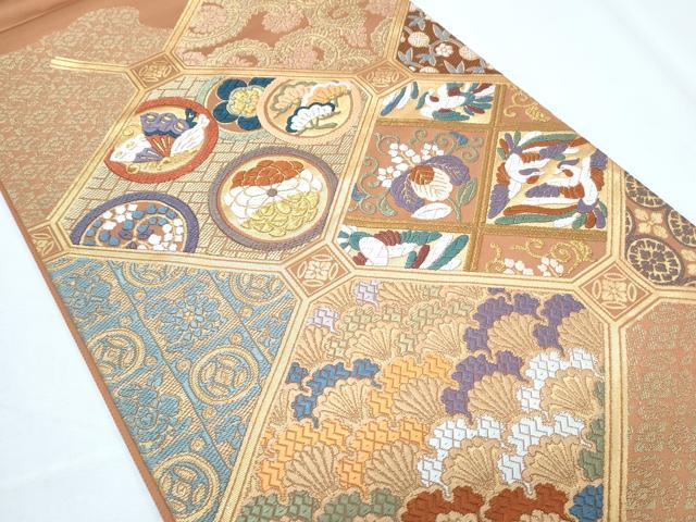平和屋着物◎六通柄袋帯 唐織 作家物 天井向かい鳥花蝶文 金糸 正絹 逸品 CABF7804th