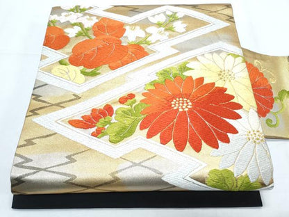 平和屋着物◎九寸名古屋帯 唐織 草花文 黒地 金糸 正絹 逸品 CABF7821th
