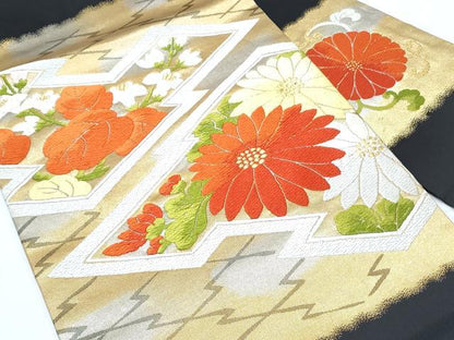 平和屋着物◎九寸名古屋帯 唐織 草花文 黒地 金糸 正絹 逸品 CABF7821th