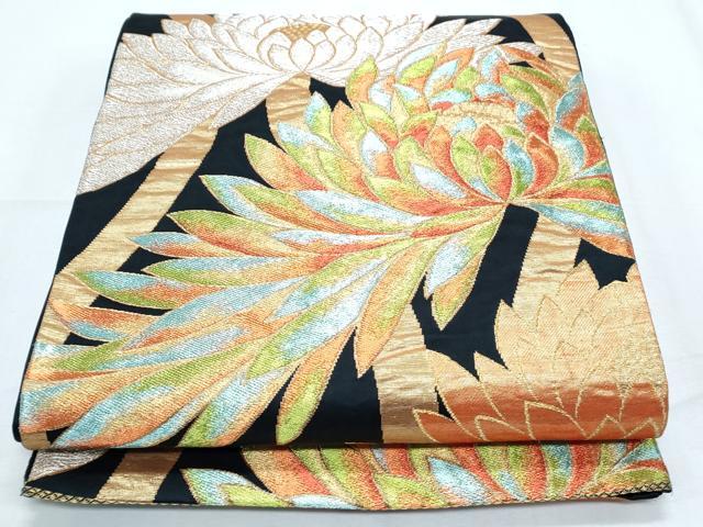 平和屋着物◎六通柄袋帯 唐織 立涌花文 黒地 金銀糸 正絹 逸品 CABF7827th