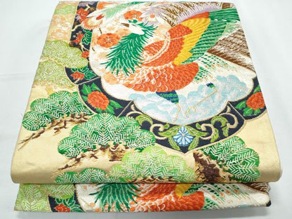 平和屋着物◎六通柄袋帯 唐織 孔雀枝梅松文 金糸 正絹 逸品 CABF7833th