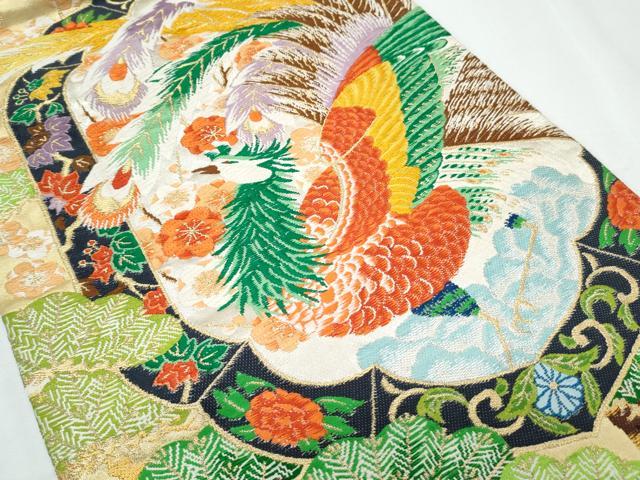 平和屋着物◎六通柄袋帯 唐織 孔雀枝梅松文 金糸 正絹 逸品 CABF7833th