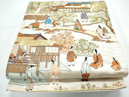 平和屋着物◎西陣 六通柄袋帯 人物風景文 金糸 証紙付き 正絹 逸品 CABF7839th