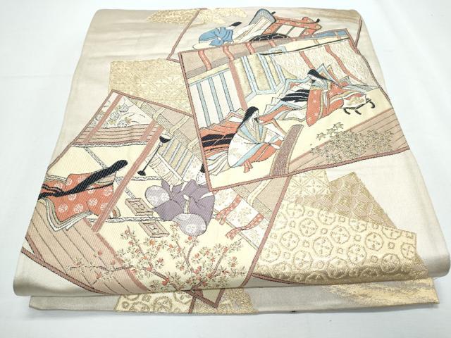 平和屋着物◎六通柄袋帯 色紙重ね人物文 金糸 正絹 逸品 CABF7851th