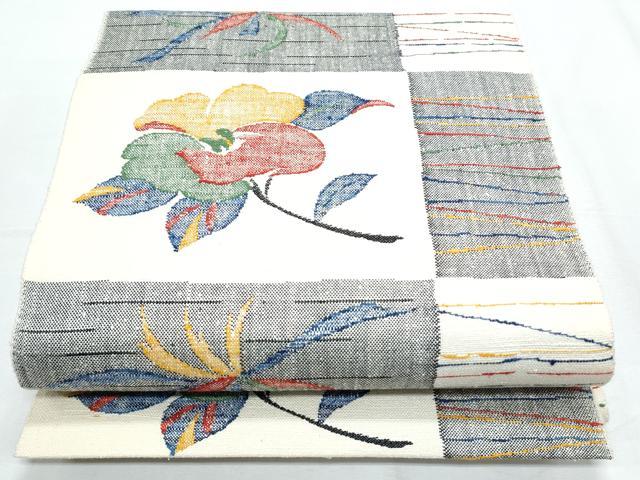 平和屋着物◎八寸名古屋帯 紬地 草花文 正絹 逸品 CABF7900th