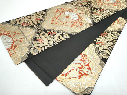 平和屋着物◎六通柄袋帯 吉祥花文 黒地 金糸 三越扱い 正絹 逸品 CABF7904th
