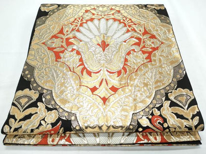 平和屋着物◎六通柄袋帯 吉祥花文 黒地 金糸 三越扱い 正絹 逸品 CABF7904th