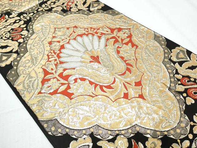 平和屋着物◎六通柄袋帯 吉祥花文 黒地 金糸 三越扱い 正絹 逸品 CABF7904th