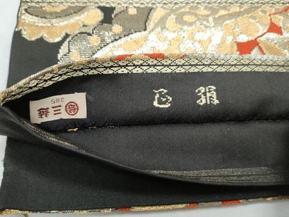 平和屋着物◎六通柄袋帯 吉祥花文 黒地 金糸 三越扱い 正絹 逸品 CABF7904th