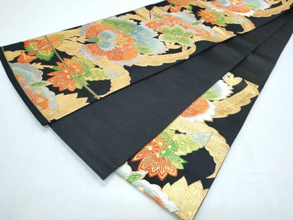 平和屋着物◎六通柄袋帯 更紗花文 黒地 金銀糸 正絹 逸品 CABF7908th