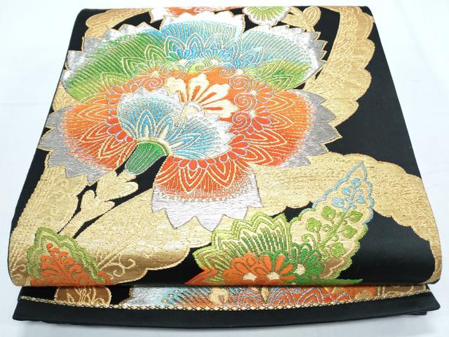 平和屋着物◎六通柄袋帯 更紗花文 黒地 金銀糸 正絹 逸品 CABF7908th