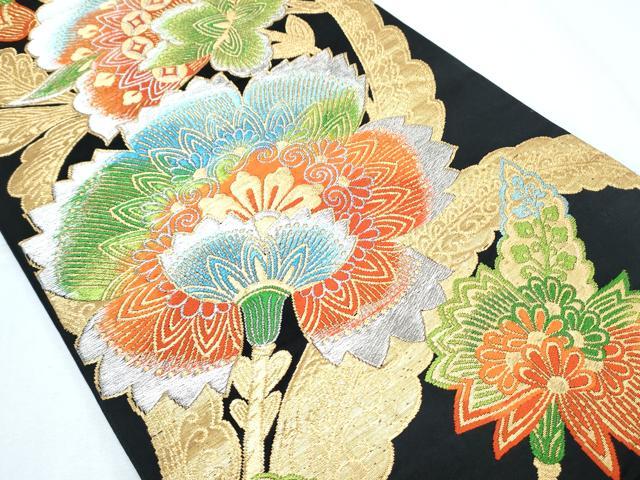 平和屋着物◎六通柄袋帯 更紗花文 黒地 金銀糸 正絹 逸品 CABF7908th