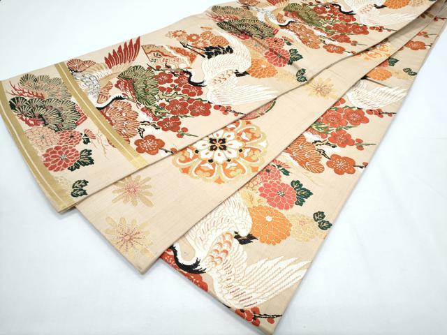 平和屋着物◎アンティーク　大正ロマン　丸帯　飛鶴花文　金糸　正絹　逸品　DABE3758qp 平和屋着物◎アンティーク 大正ロマン 丸帯 飛鶴花文 金糸 正絹 逸品