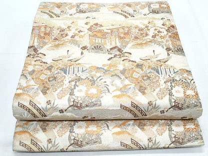 平和屋着物◎アンティーク 大正ロマン 丸帯 扇面御所車花文 金糸 正絹 逸品 CABF7916th