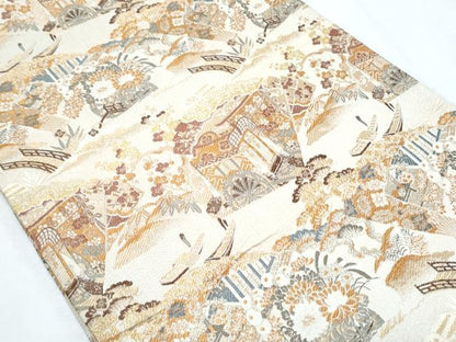 平和屋着物◎アンティーク 大正ロマン 丸帯 扇面御所車花文 金糸 正絹 逸品 CABF7916th