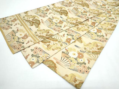 平和屋着物◎アンティーク 大正ロマン 丸帯 扇面飛鶴花文 金糸 正絹 逸品 CABF7917th