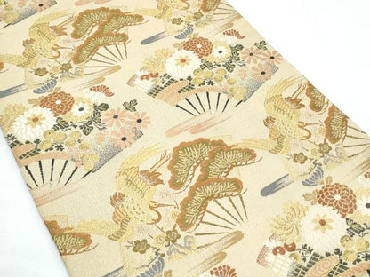 平和屋着物◎アンティーク 大正ロマン 丸帯 扇面飛鶴花文 金糸 正絹 逸品 CABF7917th