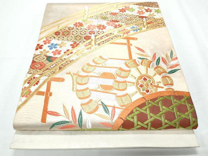 平和屋着物◎太鼓柄袋帯 渡橋花文 金銀糸 正絹 逸品 CABF7921th