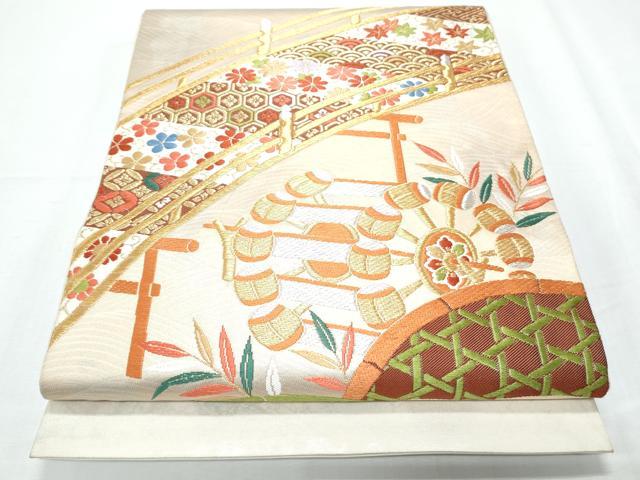 平和屋着物◎太鼓柄袋帯 渡橋花文 金銀糸 正絹 逸品 CABF7921th