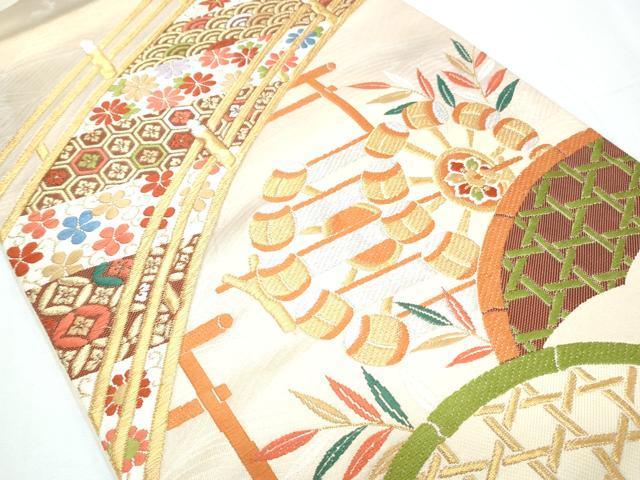 平和屋着物◎太鼓柄袋帯 渡橋花文 金銀糸 正絹 逸品 CABF7921th