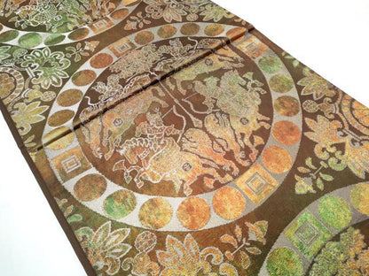 平和屋着物◎六通柄袋帯 狩猟文 銀糸 正絹 逸品 CABF7938th