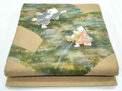 平和屋着物◎太鼓柄袋帯 駒刺繍 童子遊び 金彩 正絹 逸品 CABF7944th