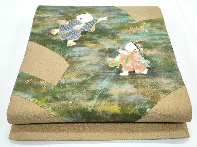 平和屋着物◎太鼓柄袋帯 駒刺繍 童子遊び 金彩 正絹 逸品 CABF7944th