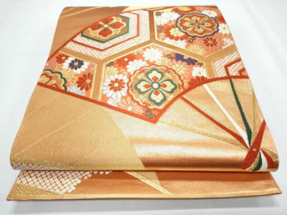 平和屋着物◎六通柄袋帯 唐織 扇面亀甲花文 金糸 正絹 逸品 CABF7946th