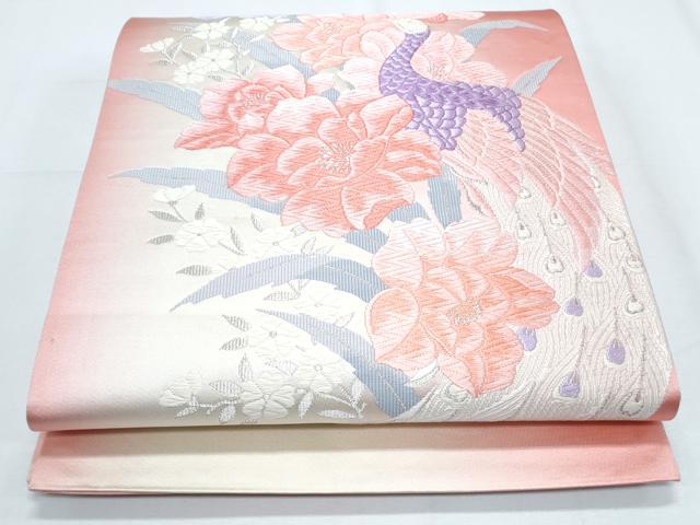 平和屋着物◎六通柄袋帯　唐織　孔雀花文　銀糸　正絹　逸品　CABF7953th