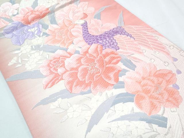 平和屋着物◎六通柄袋帯　唐織　孔雀花文　銀糸　正絹　逸品　CABF7953th
