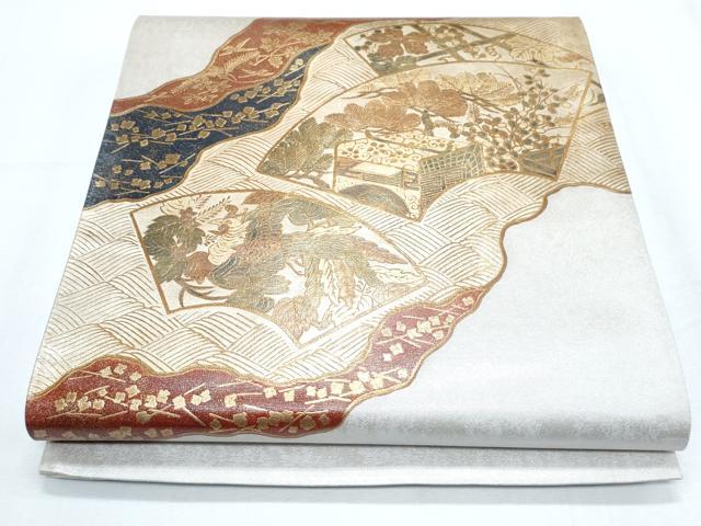 平和屋着物◎西陣 太鼓柄袋帯 地紙御所車花鳥文 漆金箔 正絹 逸品 CABF7955th