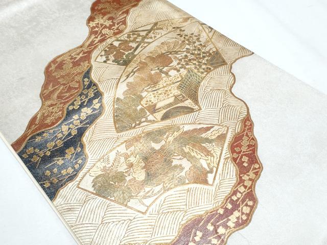 平和屋着物◎西陣 太鼓柄袋帯 地紙御所車花鳥文 漆金箔 正絹 逸品 CABF7955th