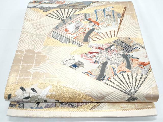 平和屋着物◎六通柄袋帯 扇面源氏物語図 金糸 正絹 逸品 CABF7957th