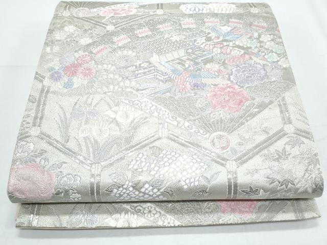 平和屋着物◎六通柄袋帯　唐織　亀甲桧扇花鳥文　九百錦　プラチナ箔　正絹　逸品　CABF7962th