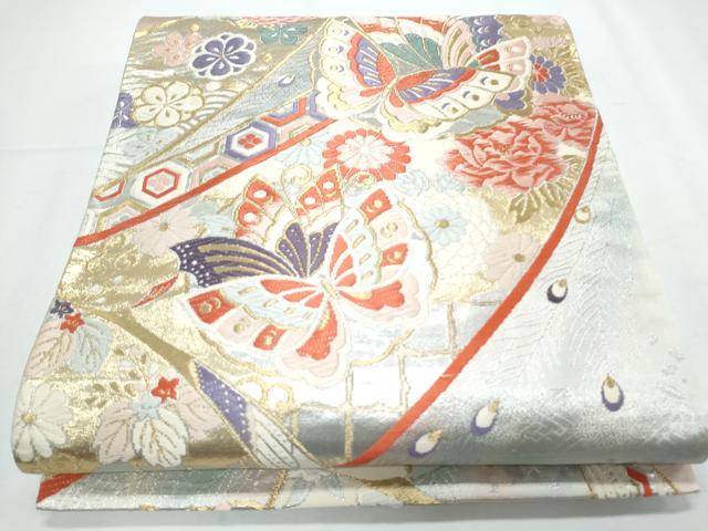 平和屋着物◎六通柄袋帯　唐織　孔雀花蝶文　金糸　正絹　逸品　CABF7970th