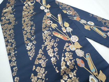 平和屋着物◎九寸名古屋帯 吉祥花文 金銀糸 正絹 逸品 CABF7981th